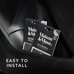Two Maison & Muse Sundown packaged air fresheners placed in a car storage compartment with ‘easy to install’ text
