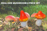 Marketing-style image of two orange spotted mushroom garden ornaments placed in grass with headline text.