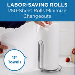 Two Pacific Blue Select paper towel rolls on a countertop dispenser with text callouts about 250-sheet labor-saving rolls.