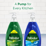 Two Palmolive EZ-Pump bottles side-by-side, one green and one blue, with tiled kitchen background