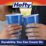 Two hands toasting with blue Hefty party cups under a Hefty logo banner, close-up crop