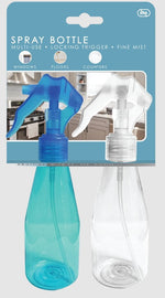 Two clear plastic spray bottles with blue and translucent triggers displayed on a blue product card with usage icons and kitchen background.