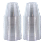 Two tall stacks of clear disposable plastic cups photographed against a white background