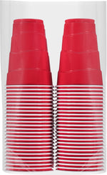 Two tall stacks of red disposable cups visible through clear packaging against a white background