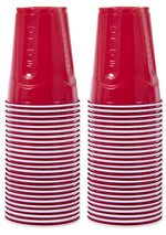 Two tall stacks of red Solo squared cups shown upside-down with white rims