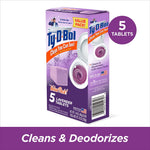 Angled Ty-D-Bol lavender tablet value-pack box with a circular '5 tablets' badge and 'Cleans & Deodorizes' banner
