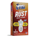 Angled product shot of a Ty-D-Bol Automatic Rust Toilet Cleaner box showing front and side panel artwork and branding