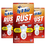 Three Ty-D-Bol Automatic Rust Toilet Cleaner product boxes with prominent RUST branding and toilet graphic
