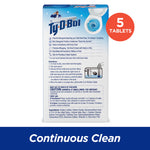 Back of Ty-D-Bol package showing instructions, warnings, ingredient list and a 5 tablets circular badge