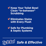 Blue infographic panel listing benefits: keep your toilet bowl clean, eliminates stains, safe for plumbing, with Ty-D-Bol logo.