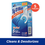 Angled product box of Ty-D-Bol value pack with five blue tablets and red circular 5 tablets badge