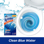 Ty-D-Bol box next to a toilet bowl with bright blue swirling water and splash graphic