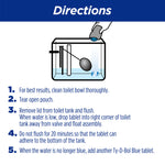 Instruction panel graphic with illustration of dropping a tablet into a toilet tank and numbered directions