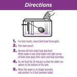 Illustrated directions panel showing how to place a tablet in a toilet tank with numbered instruction text below