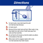 Directions illustration showing how to place the Ty-D-Bol tablet in a toilet tank with numbered step text below