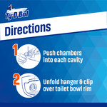 Ty-D-Bol branded instruction panel with illustrated two-step directions for pushing chambers and hanging the dispenser over the toilet rim.