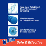 Graphic features icons and text: water splash, blue tablet, toilet swirl with claims about cleaning and septic safety