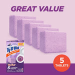 Row of five lavender rectangular tablets displayed above a small Ty-D-Bol box with 'Great Value' headline