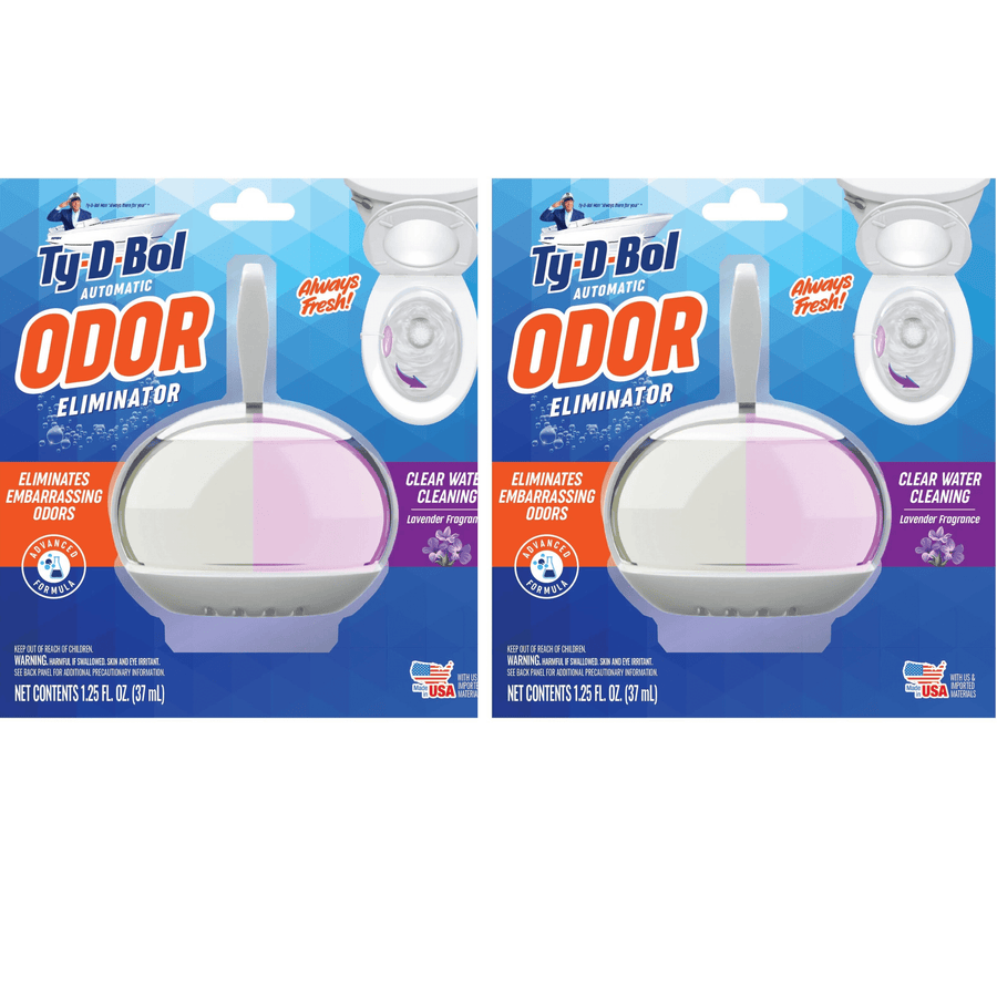 Two identical Ty-D-Bol Odor Eliminator blister packs showing over-the-rim dispenser with pink and yellow chambers on blue background.