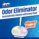Large Ty-D-Bol product panel reading 'Odor Eliminator' with image of the dual-chamber over-the-rim dispenser and 'Always Fresh!' badge.