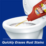 Illustration of Ty-D-Bol Rust bottle pouring liquid into a toilet bowl against blue background