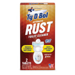 Front-facing product box of Ty-D-Bol Automatic Rust Toilet Cleaner showing branding, a toilet illustration and '2 tablets' callout.