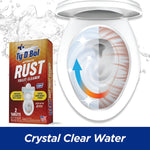 Illustration of a toilet bowl showing cleaning action next to a Ty-D-Bol Rust Toilet Cleaner box and 'Crystal Clear Water' label