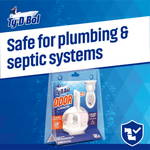 Ty-D-Bol promotional graphic stating safe for plumbing and septic systems with a packaged Odor Eliminator displayed in a clear stand.