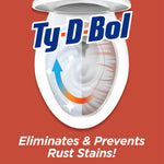 Graphic close-up of a toilet bowl split to show cleaning action with Ty-D-Bol logo and 'Eliminates & Prevents Rust Stains!' text.