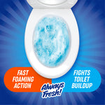 Top-down view of an open toilet bowl filled with blue foamy water and callouts saying 'Fast Foaming Action' and 'Fights Toilet Buildup.'