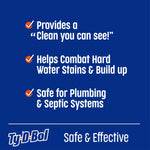 Blue panel listing product benefits: clean you can see, helps combat hard water stains, safe for plumbing & septic systems