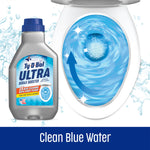 Ty-D-Bol Ultra bottle beside a top-down toilet bowl illustration with swirling blue water and text reading Clean Blue Water