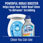 Ty-D-Bol Ultra bottle in front of a stylized toilet bowl with swirling blue water and headline about a powerful borax booster