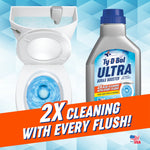 Ty-D-Bol Ultra bottle beside an open toilet showing swirling blue water and an orange banner reading 2X cleaning