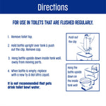 Directions panel showing steps to remove toilet top and hang the bottle upside down with simple line illustrations
