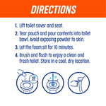 Product directions panel with numbered steps and simple icons instructing to lift seat, tear pouch, let foam sit, then brush and flush.