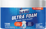 Close-up front label of Ty-D-Bol Ultra Foam foaming toilet cleaner tub with blue branding and product callouts