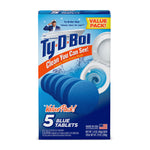 Ty-D-Bol value pack box showing five blue toilet bowl cleaner tablets and toilet bowl swirl graphic
