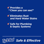 Blue infographic panel listing benefits: provides a clean you can see, eliminates rust and hard water stains, safe for plumbing.