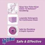 Feature panel listing benefits with three icons: splash, lavender tablet image, and toilet swirl plus Ty‑D‑Bol logo.