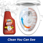 Ty-D-Bol Rust Stain Remover bottle beside a stylized toilet bowl graphic with arrows and splash effect.