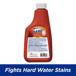 Rear view of a red Ty-D-Bol Rust Stain Remover bottle showing the product label and warning text above a blue panel reading ‘Fights Hard Water Stains’.