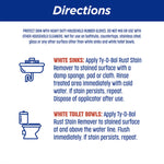 Directions panel with icons for a sink and toilet describing usage instructions for white sinks and white toilet bowls.