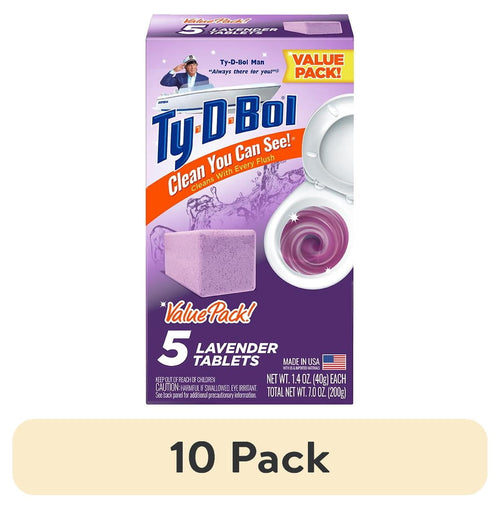 Front-facing Ty-D-Bol lavender toilet bowl tablet box showing product block and toilet swirl illustration