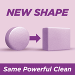 Graphic comparing old round tablet shape to new square lavender tablet with text 'New Shape' on purple background.