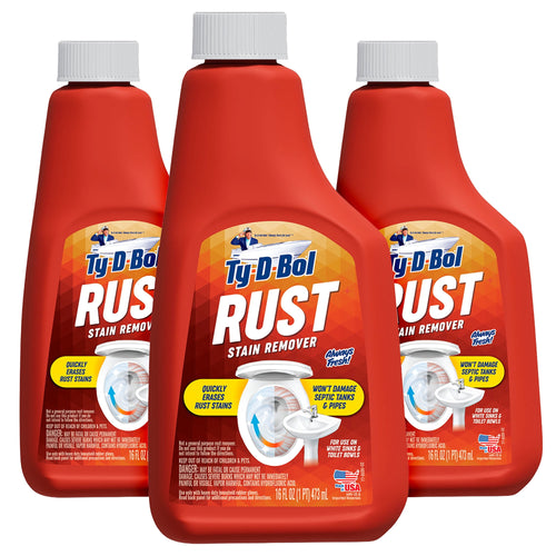 Three red Ty-D-Bol Rust Stain Remover bottles with white caps shown against a white background.