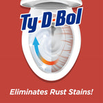 Illustrated toilet bowl split before and after cleaning with Ty-D-Bol logo above and text ‘Eliminates Rust Stains!’ below.