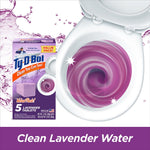 Close-up illustration of a toilet bowl with swirling lavender water and a Ty‑D‑Bol lavender tablet box at left.