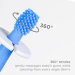 Close-up of blue 360-degree silicone toothbrush head with graphic arrow and text describing 360° bristles massaging gums