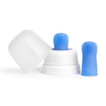 Two polaris-blue silicone finger toothbrushes and a white translucent storage cover arranged on a white background.
